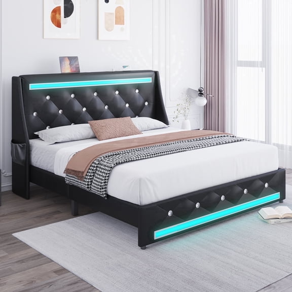Holiway Full Size LED Bed Frame with Upholstered Headboard, Wingback PU Leather Headboard with Charging Station, Diamond Tufting, Black