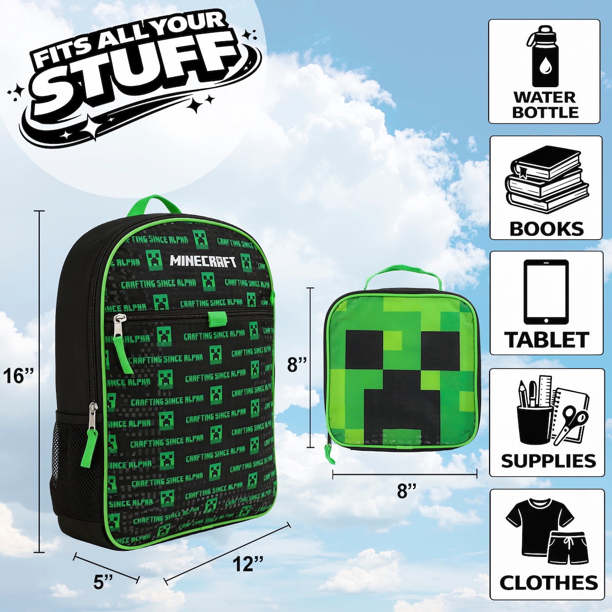 Kids Minecraft Backpack 4-Piece Combo School Supplies