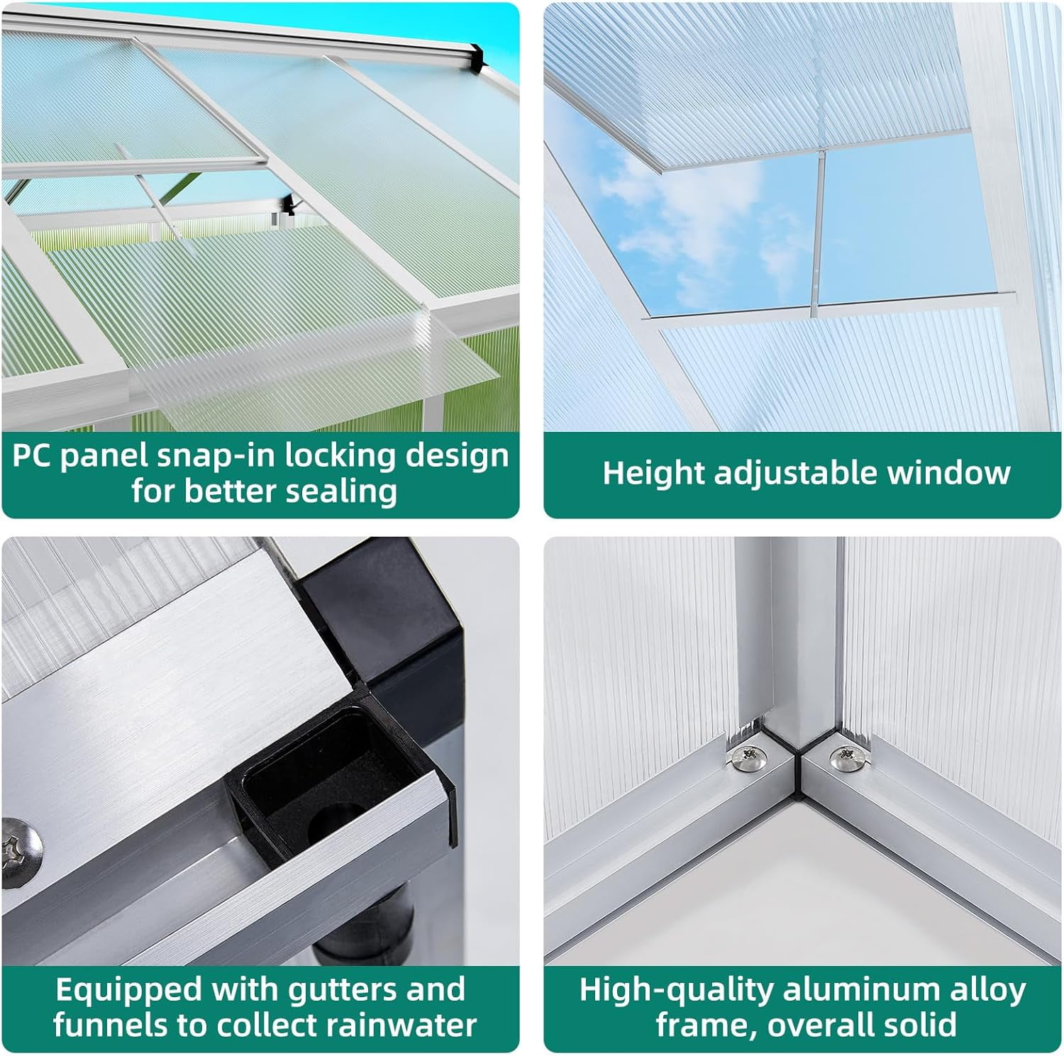 6x10 FT Walk-in Greenhouse for Outdoors – Aluminum Frame, Polycarbonate Panels, Roof Vent, Rain Gutter, Sliding Lockable Door, Easy Setup for Garden & Backyard, Clear