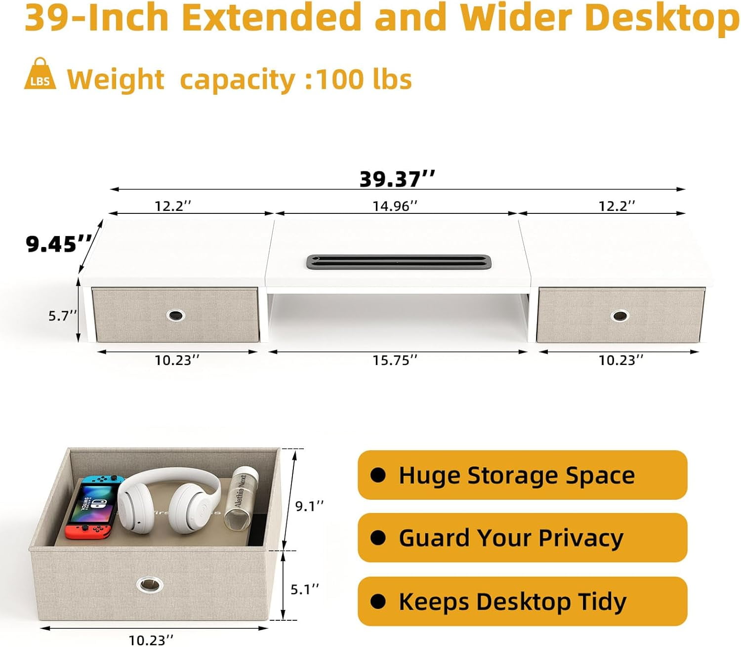 Dual Monitor Stand Riser with 2 Drawers - 39Inch Large Storage Computer Monitor Stands for 2 Monitors, Wooden Desktop Organizer Perfect for Home Office Desk, Computer, Laptop, TV, White