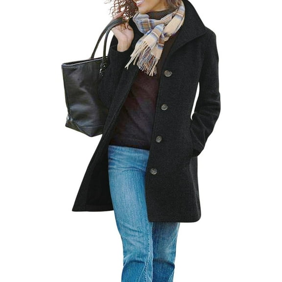 FUNING Women's Winter Wool Blend Pea Coat Single Breasted Stand Collar Casual Trench Coat Overcoat