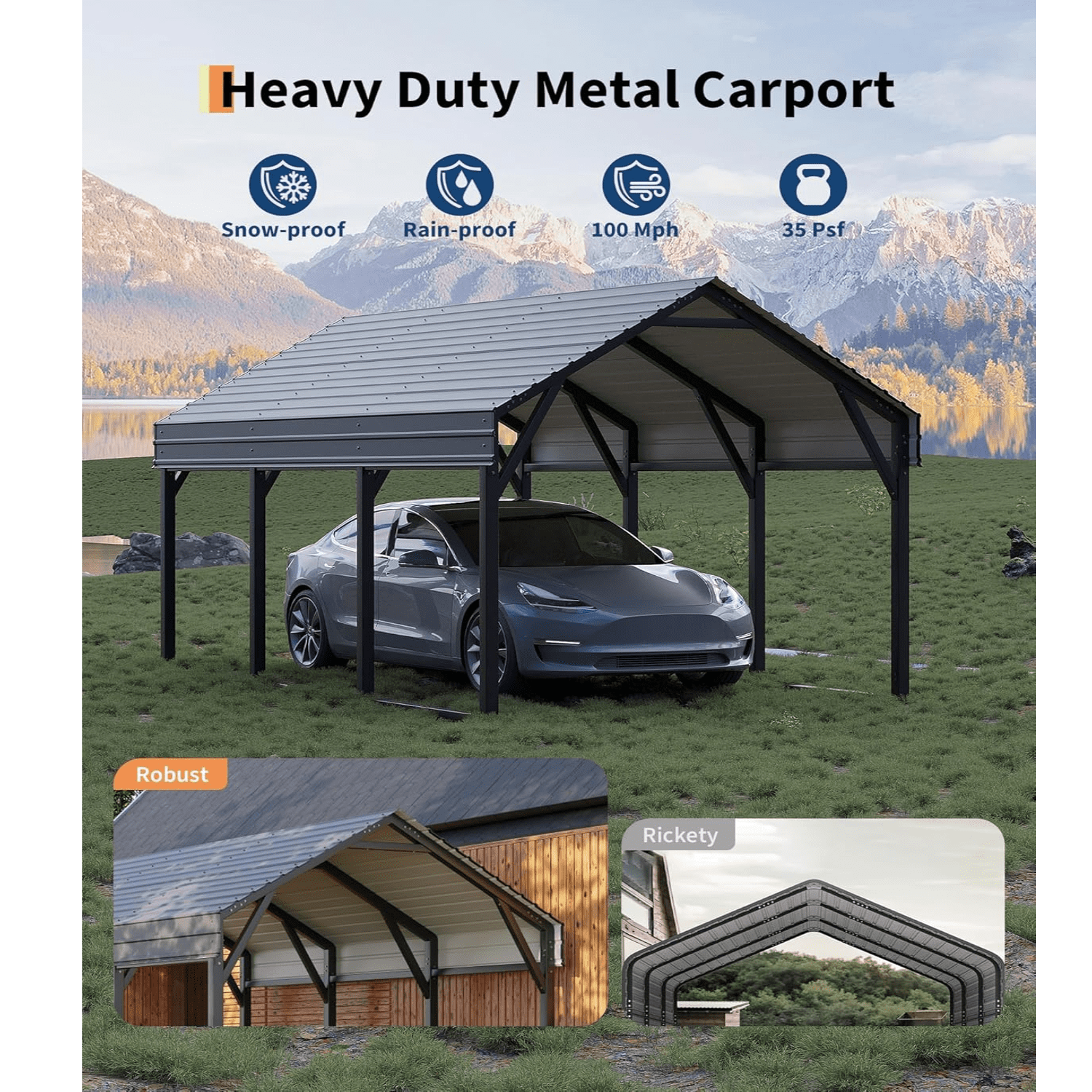 Metal Carport Kits with Reinforced Frame & Steel Roof, All-Weather Permanent Shelter for Boats, Sedans and Tractors