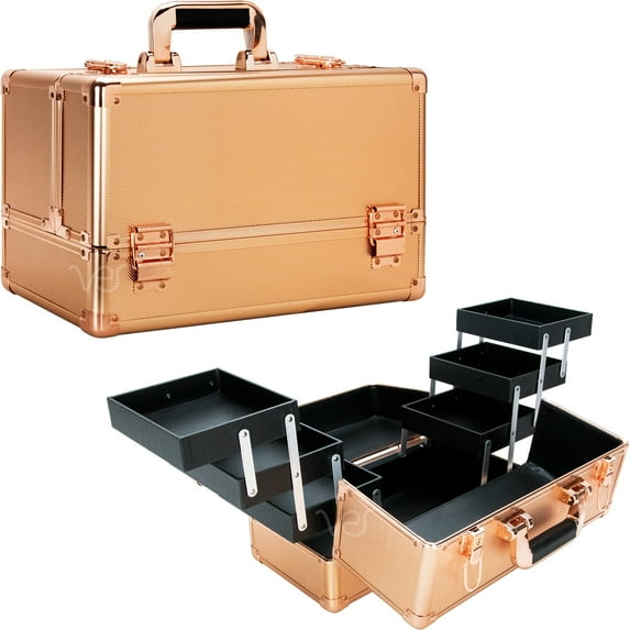 VER Beauty Makeup Train Case 6 Extendable Trays with Lock and Keys Cosmetics Organizers in Rose Gold Dot