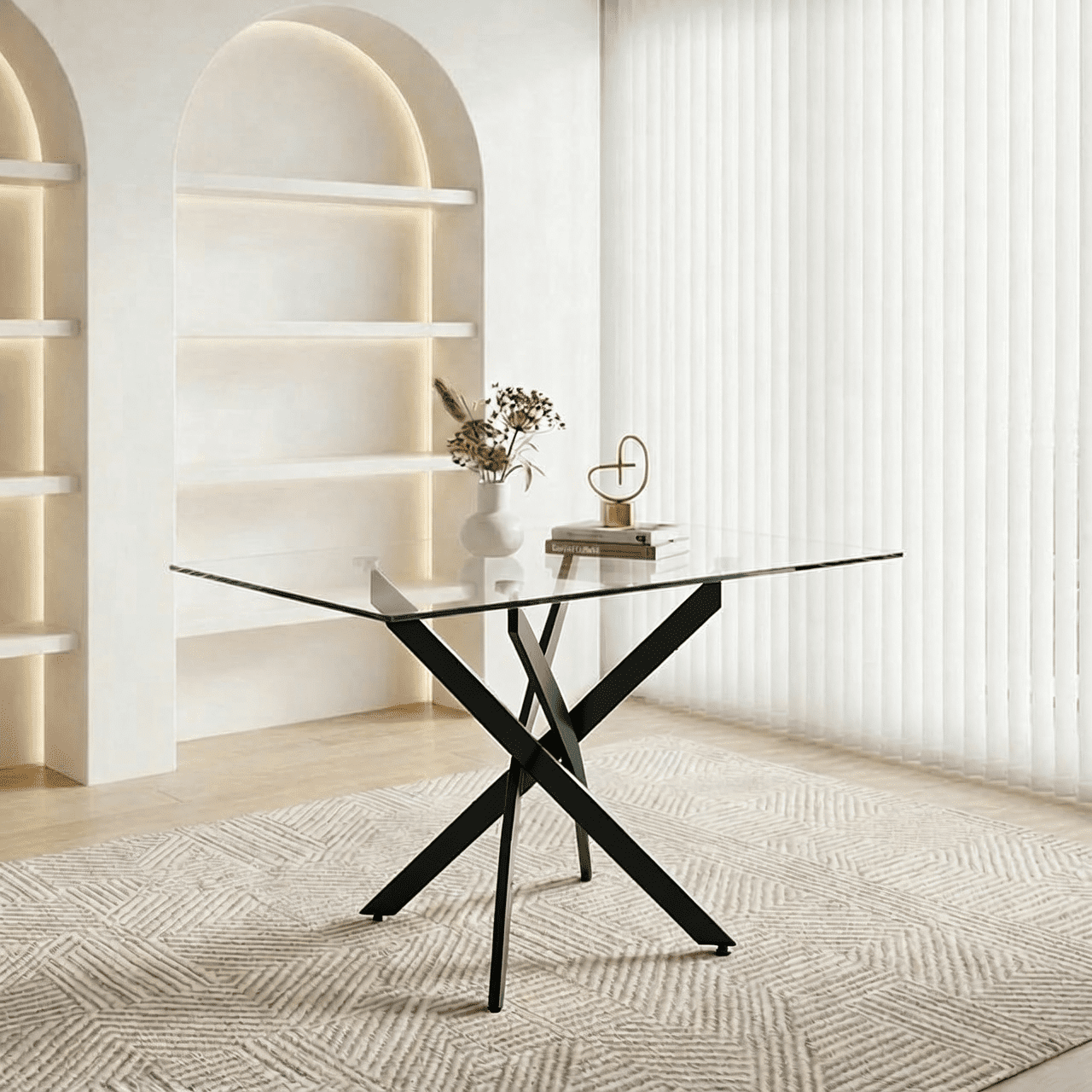 Garitin Dining Table and Rectangular Glass Top Kitchen Table 47.24 Inch, Modern Center Table with Black Metal Legs for Dining Room, Black