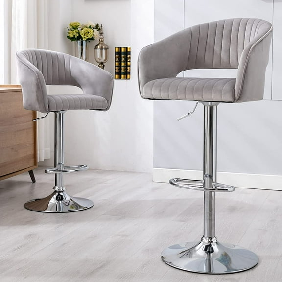 ZHENGHAO Modern Velvet Swivel Bar Stools Set of 2 with Hollow Back, Adjustable Counter Height Bar Stools Arms, Upholstered Kitchen Island Dining Chairs with Chrome Footrest and Base for Pub Bar (Grey