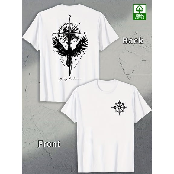 Men's Summer Cotton T-Shirt with Black Crow & Compass Graphics, Double-Sided Tattoo Style Print, Casual Outdoor Wear, Machine Washable -