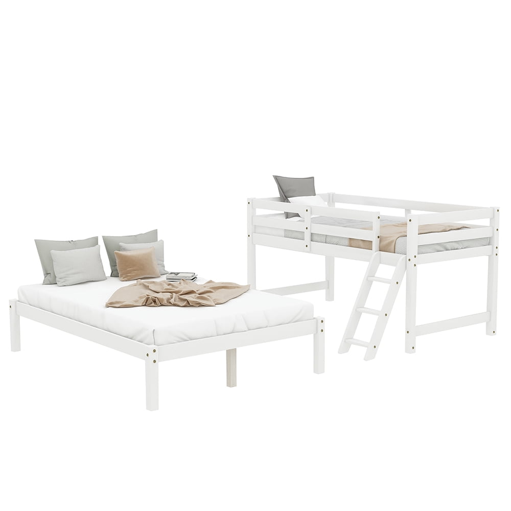 Kepooman Twin over Full Solid Wood Bunk Bed with Ladder for Bedroom Dorm, 79.5"L x 56.9"W x 59"H, White Kepooman Twin over Full Solid Wood Bunk Bed with Ladder for Bedroom Dorm, 79.5"L x 56.9"W x 59"H, White