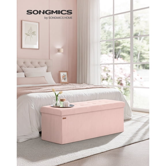 Corduroy Storage Ottoman Bench - 43" Foldable Footrest with 660lb Capacity, 35-Gallon Storage & Organizers, Multi-Functional, Jelly Pink