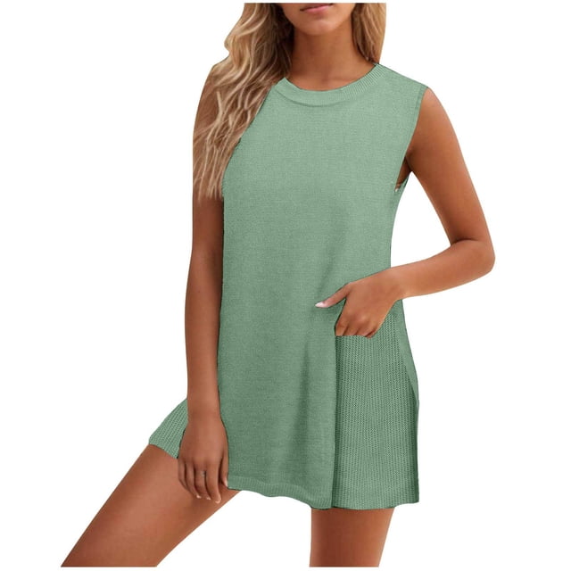 Timegard Ensembles Lounge pour Femmes Col Ras du Cou Mi-Long Débardeur Shorts Tenues en Tricot Confortables Mode d'Été
