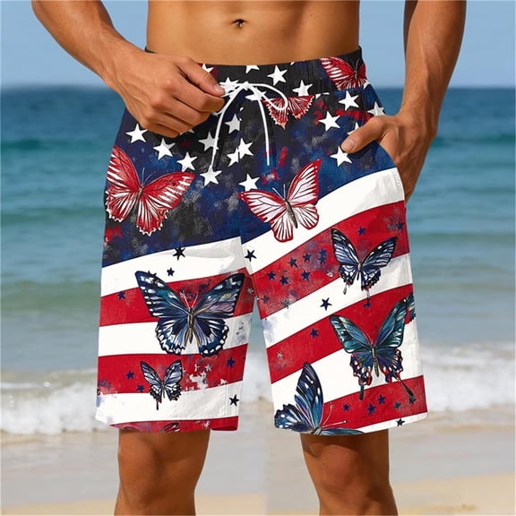 Gamivast 4Th Of July Swim Trunks for Men Elastic Waist American Flag Printed Shorts with Pockets Drawstring Quick Dry Beach Shorts Loose Fit Mid Thigh Swim Shorts Summer Vacation