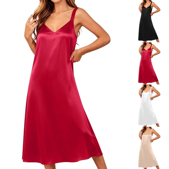 NominalSnug Women's Long Satin Nightgowns Sleeveless Sleepwear Wide Strap Tank Pajamas Dress V Neck Full Length Sleepshirts