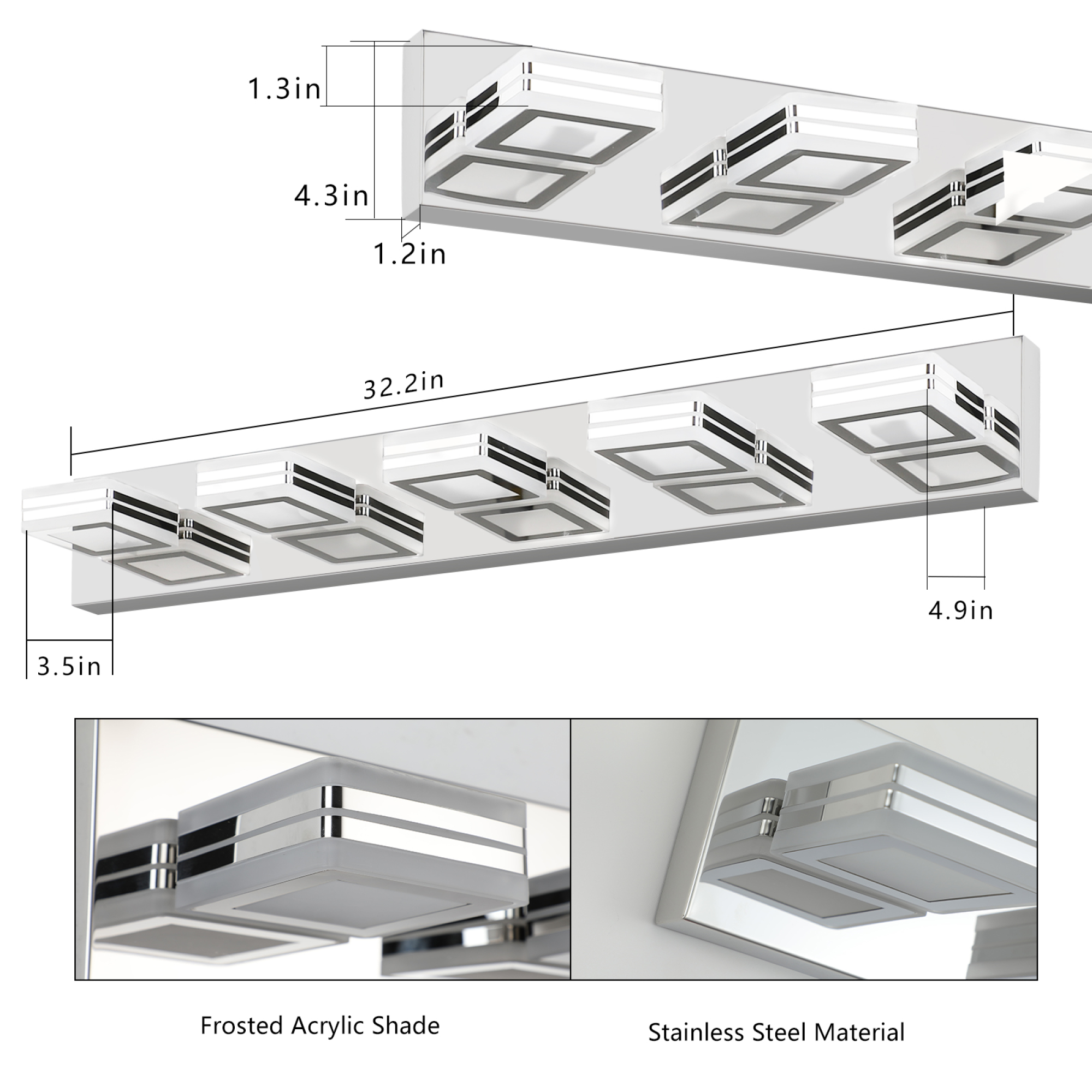 Leumius Modern 5-Light LED Vanity Light, Square Acrylic Lampshades Wall Mount Fixture for Mirror, Bathroom, Bedroom and Hallway Chrome