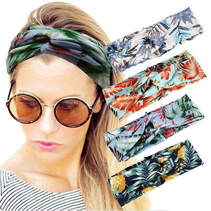 Twinfree 4 Pack Leaf Leopard Women Headbands Hair Wrap Stretchy Multi-use Hair Band 