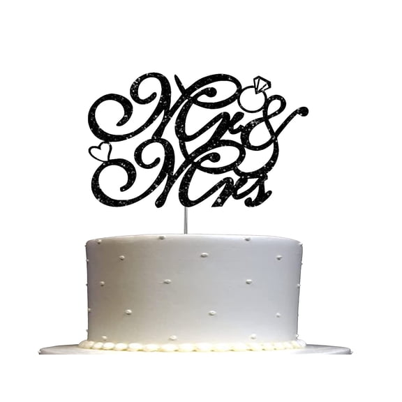Mr & Mrs Black Glitter Cake Topper, Wedding Party Decorations Ideas, Anniversary, Sturdy Doubled Sided Glitter, Acrylic Stick. Made in USA
