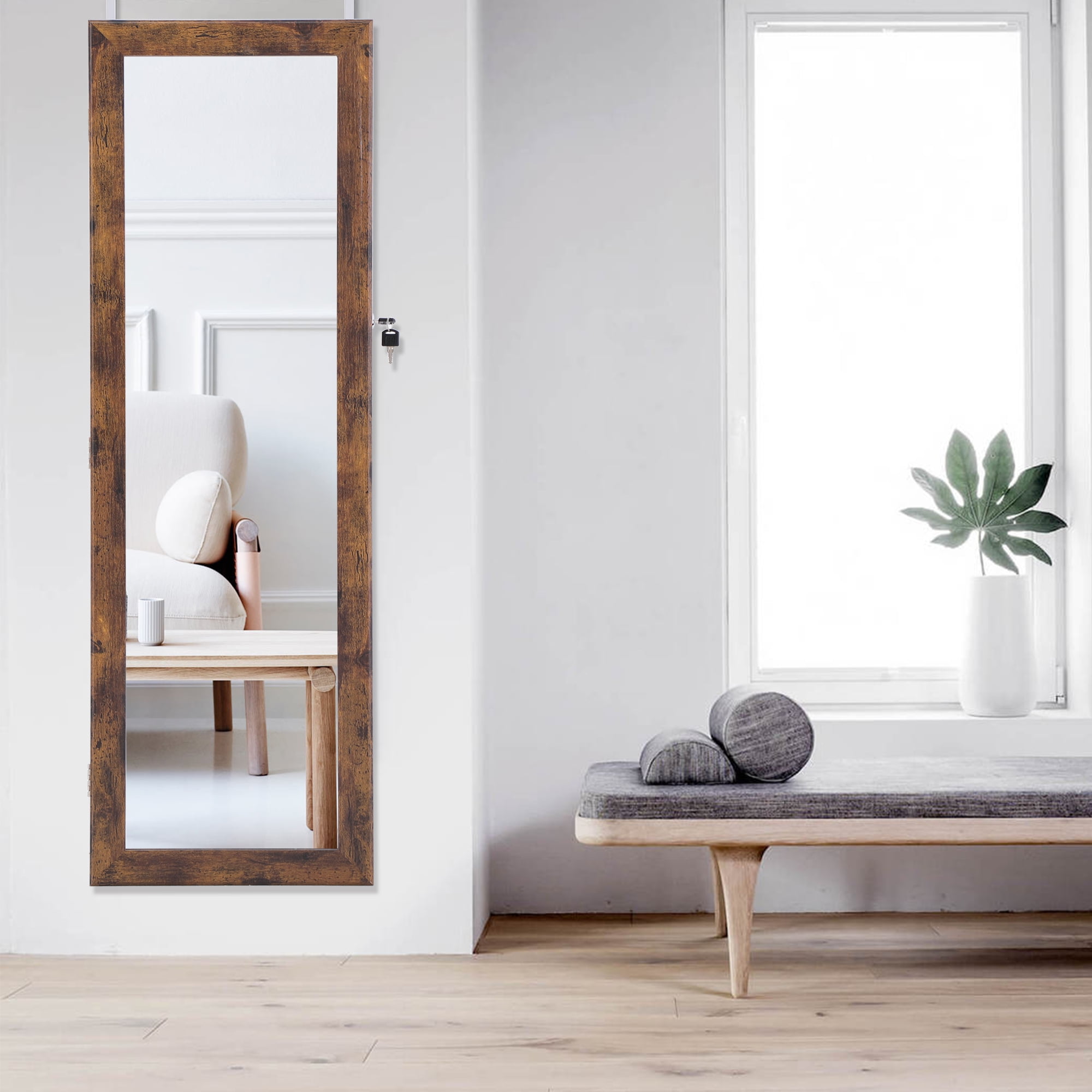 Kepooman Dressing Mirror Full-Body Jewelry Cabinet, Full-Mirror Wooden Wall-Mounted 3-Layer Rack Makeup Brush Holders, Antique Gray Kepooman Dressing Mirror Full-Body Jewelry Cabinet, Full-Mirror Wooden Wall-Mounted 3-Layer Rack Makeup Brush Holders, Antique Gray