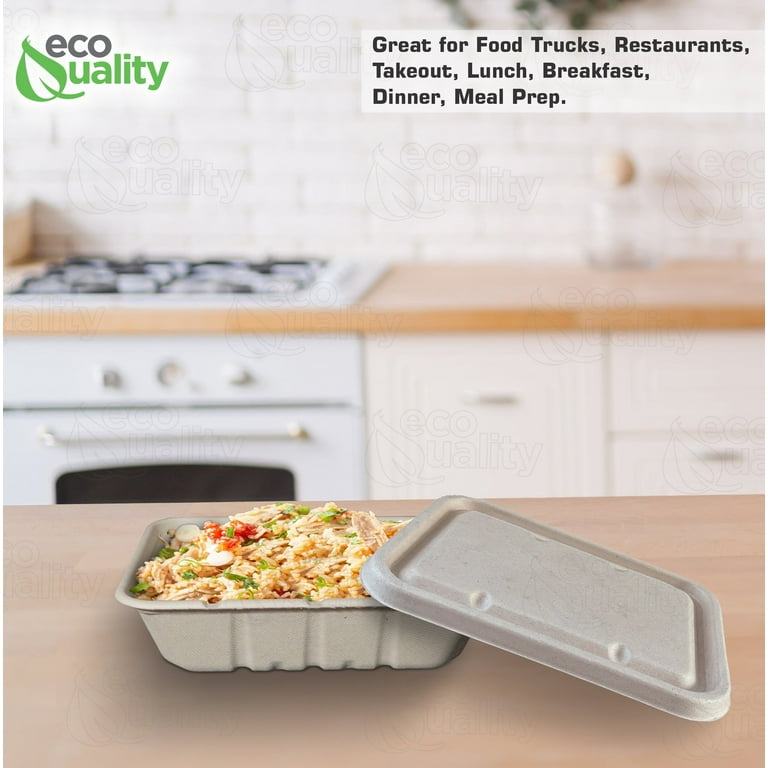 EcoQuality 24oz Disposable Bowls with Clear Lids - Rectangular Compostable Sugarcane Fiber Biodegradable Paper Bowls Eco-Friendly Take Out Food