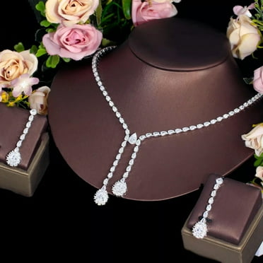 CZ Long Drop Necklace Earrings Cubic Zirconia Dancing Party Costume Jewelry Set