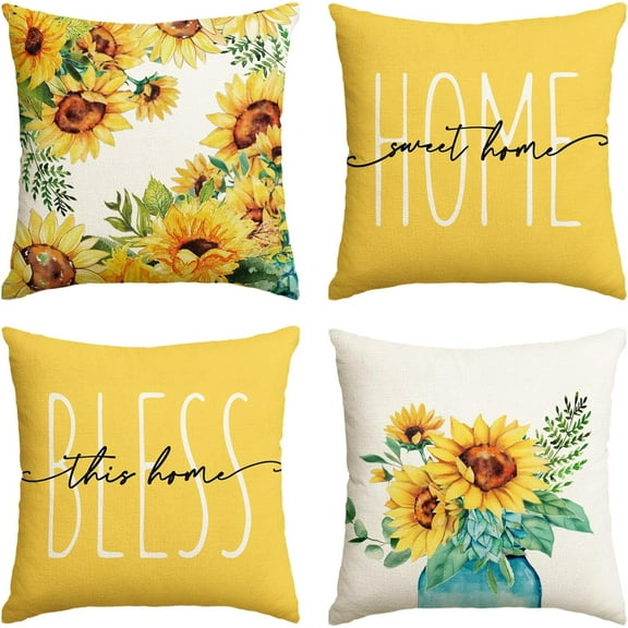 Home Sweet Home Sunflower Throw Pillow Covers, 18x18 Inch Spring Summer Seasonal Decorations for Sofa Couch Set of 4