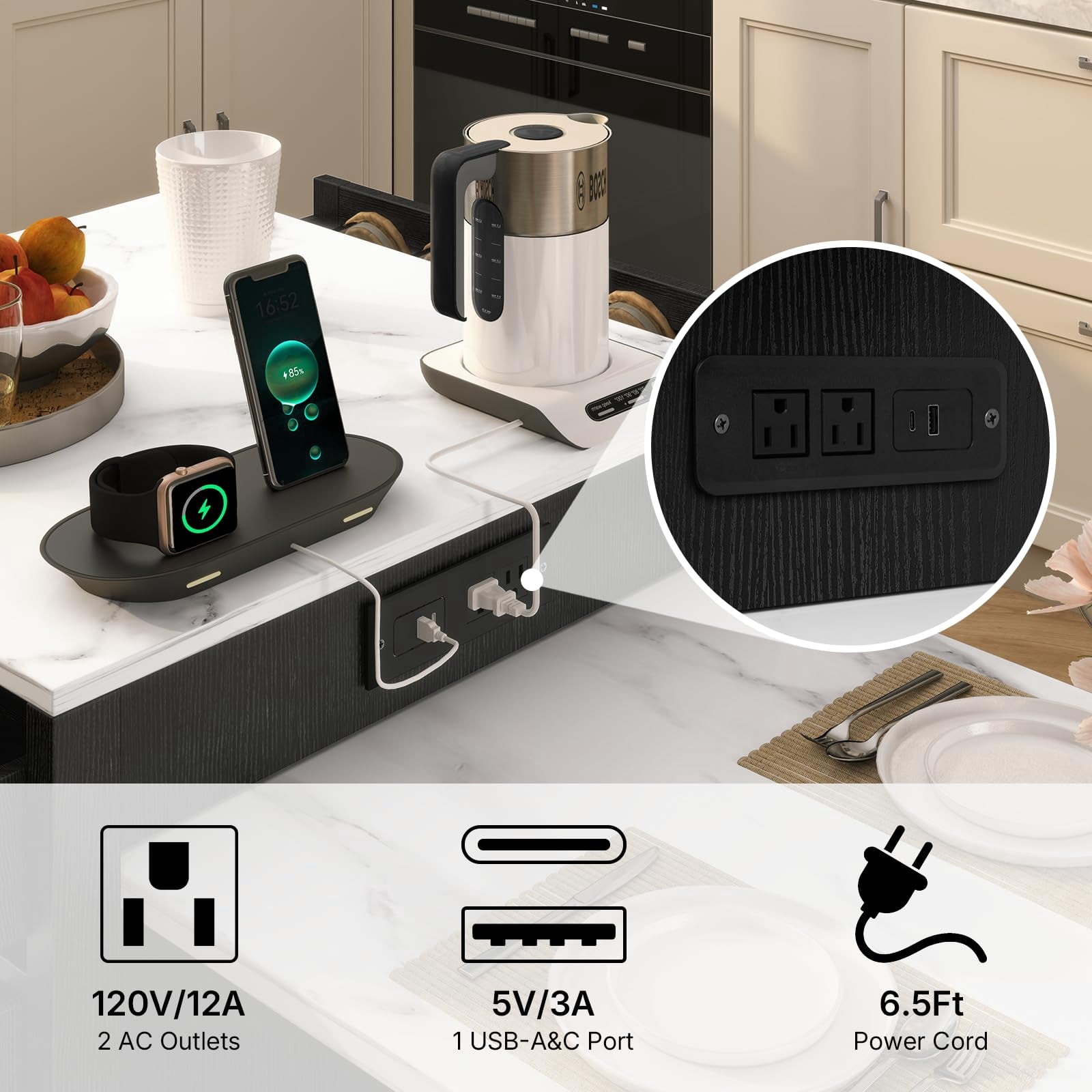 ZIVACATE 82.7"L Expandable Retractable Kitchen Island for 4-6 Person, Faux Marble Top Kitchen Island with Storage Built-in Power Outlet, Black