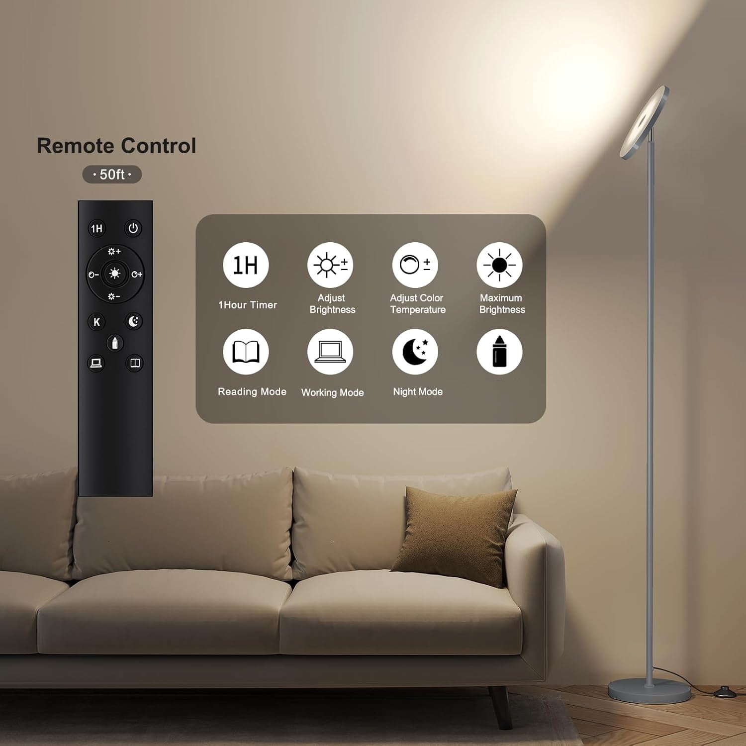 Floor Lamps for Living Room, 32W/3000LM Super Bright LED Floor Lamp with Remote Control, 69" Tall Standing Lamp with Stepless Dimmable, Modern Corner Lamp for Bedroom, Office Grey