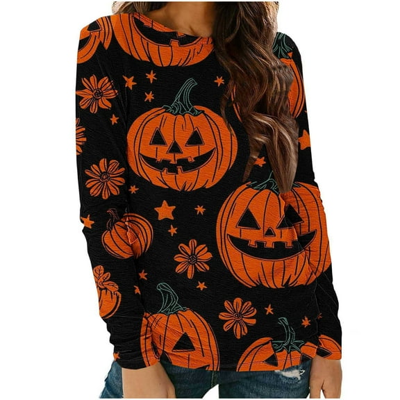 FDGIU Women's Halloween Shirts 2025 - Cute Ghost Pumpkin Graphic Long Sleeve Tops, Soft Loose Fit Crewneck, Fall Fashion Casual Pullover for Parties