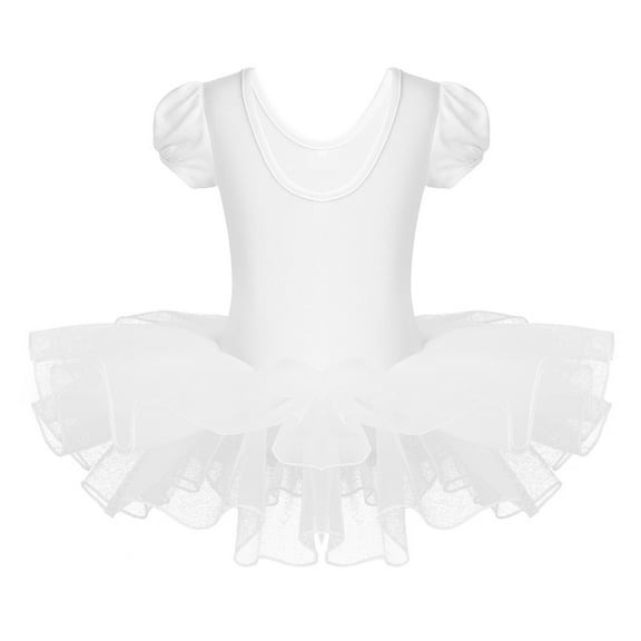 YONGHS Kids Girls Short Sleeves Ballet Dancewear Shiny Rhinestones Gymnastics Leotard Tutu Dress White 7-8