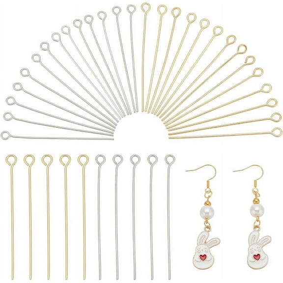 160pcs 40mm 304 Stainless Steel Head Pins Findings 21 Gauge(0.7mm) Open Eye Pin Golden/Silver
