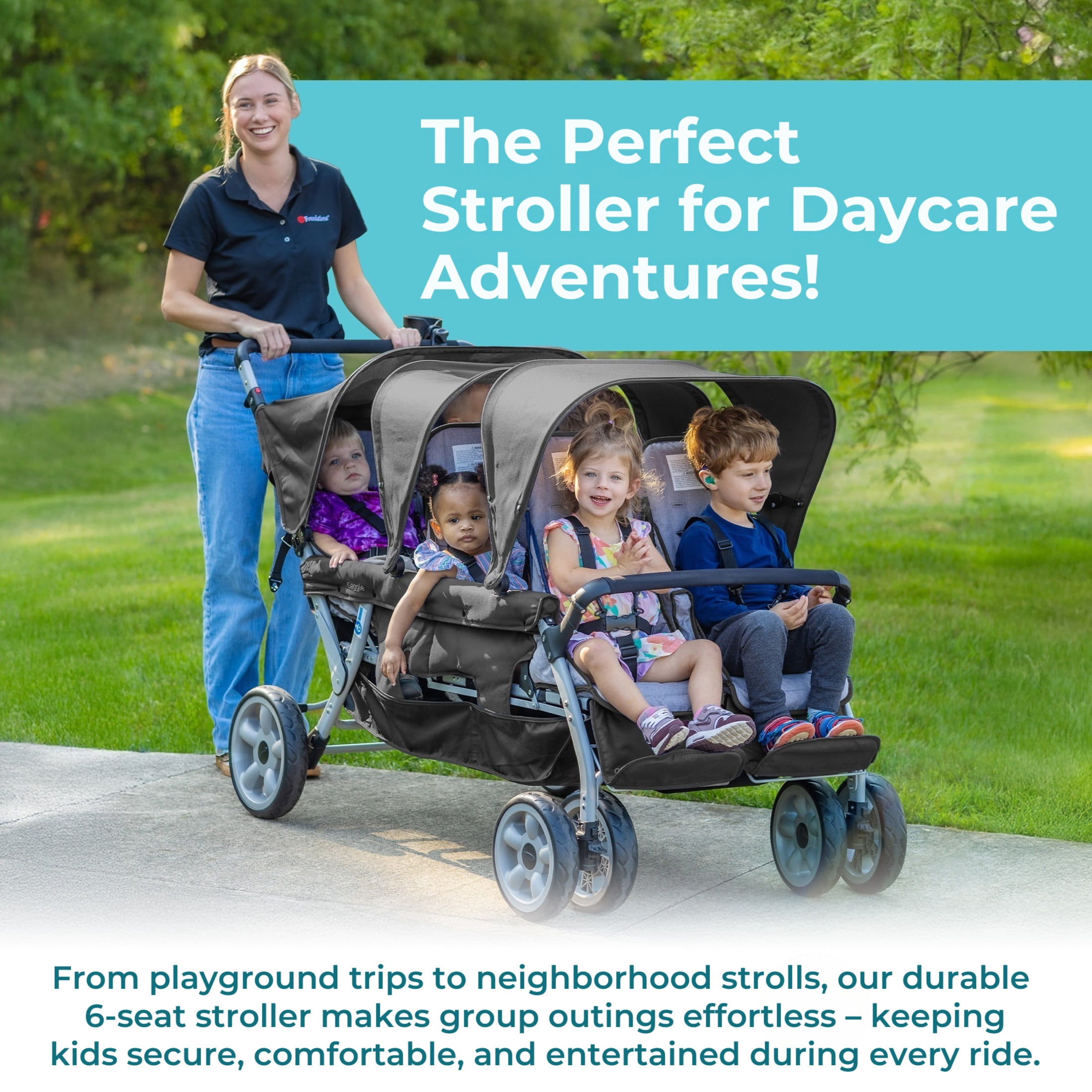 Foundations Gaggle Jamboree 6-Seat Folding Daycare Stroller with Canopies, Reclining Seats, Black
