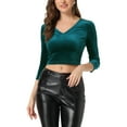 thumbnail image 1 of INSPIRE CHIC Blouse Courte en Velours pour Femme, Col en V, Manches 3/4, TP, Vert, 1 of 6