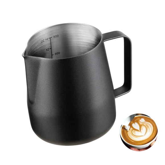 Meelio Pichet à Mousser le Lait en Acier Inoxydable Tasse à Mousser le Lait 14oz Pichet à Mousser le Lait 400ml avec Échelle de Mesure, Noir
