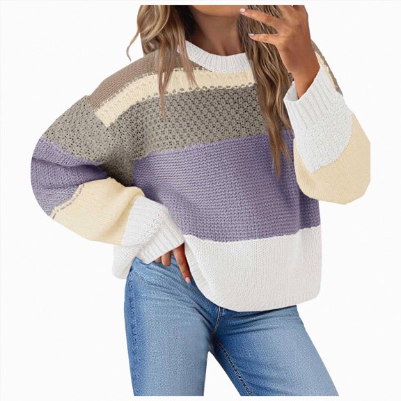 vigerkar Color Block Cropped Sweaters 2026 Winter Casual Oversized Y2K Going Out Striped Pullover, Trendy Crop Knit, Cozy Chic Fall/Winter Statement Top (Light Gray, XL)