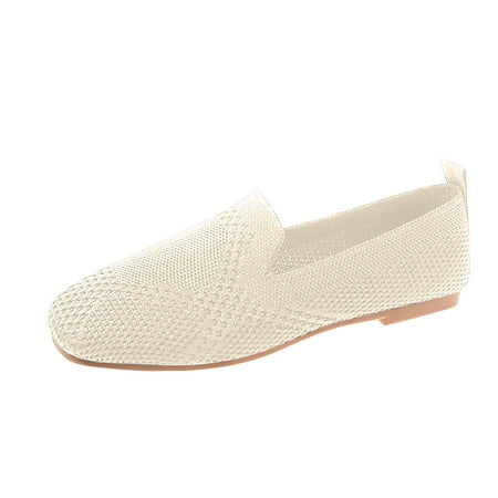 hopeusnice Clearance Women s Knitted Flats Breathable Slip On Ballerina Shoes Comfortable Flat Heel Loafers Soft Sole Flats Beige 38