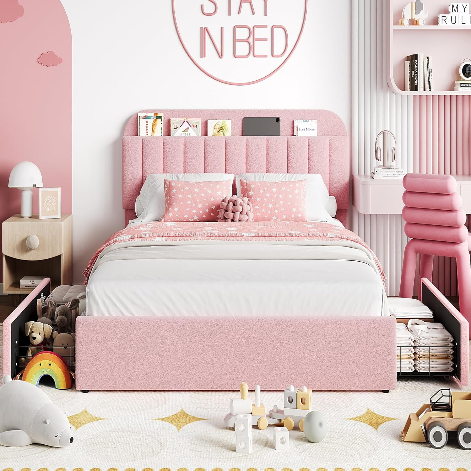 Queen Size Bed Frame with Storage Drawers & Bookcase Headboard, Boucle Platform Bed, Noise-Free, No Box Spring Needed, Pink