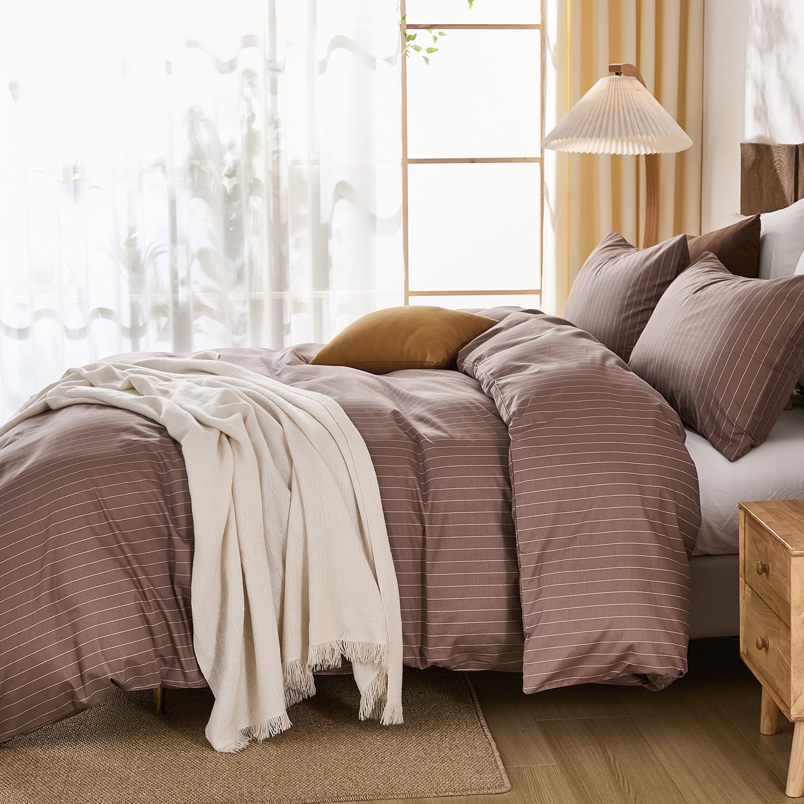 Brown Striped Duvet Cover Set Queen Size, 100% Natural Cotton Linen Like Duvet Cover Set with Zipper Closure & 8 Corner Ties, Brown Khaki Soft Reversible Bedding for All Seasons
