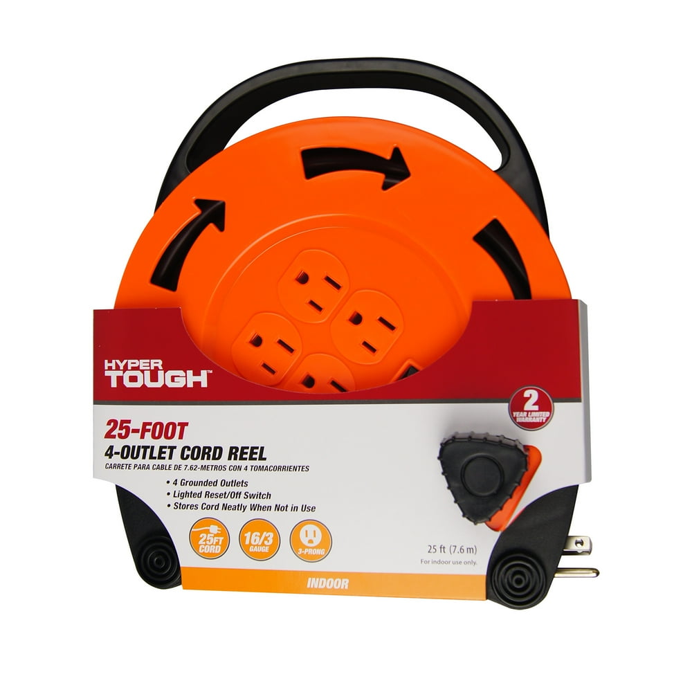 Hyper Tough 4Outlet 25ft Extension Cord Indoor Cord Reel, Orange