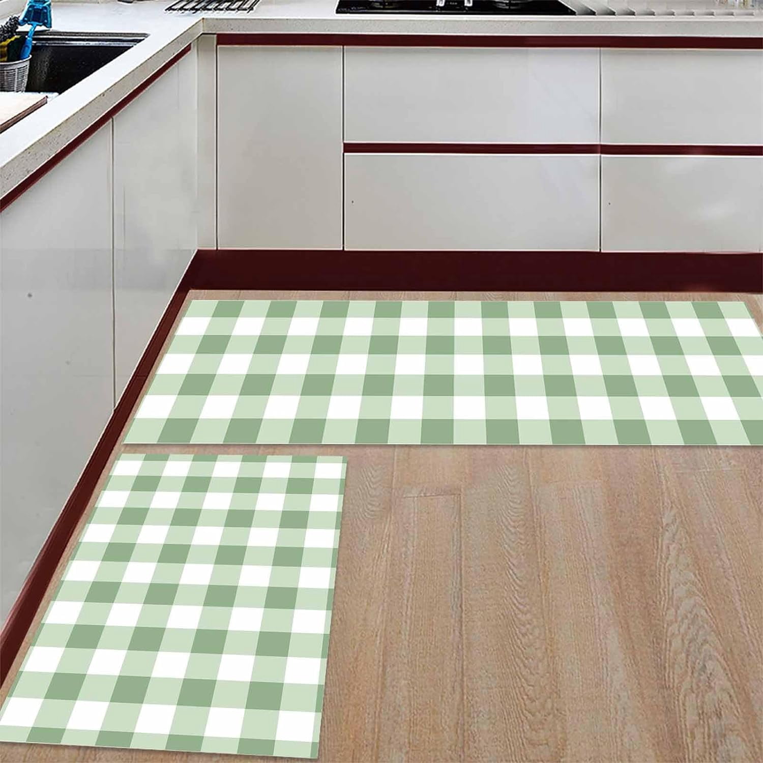 Easter Kitchen Rugs and Mats 2 Pieces Sage Green Buffalo Plaid Runner Rug Sets Check Soft Comfort Standing Kitchen Mats for Floor Absorbent Area Rugs Carpet Farmhouse Cushioned Doormat Home Decor