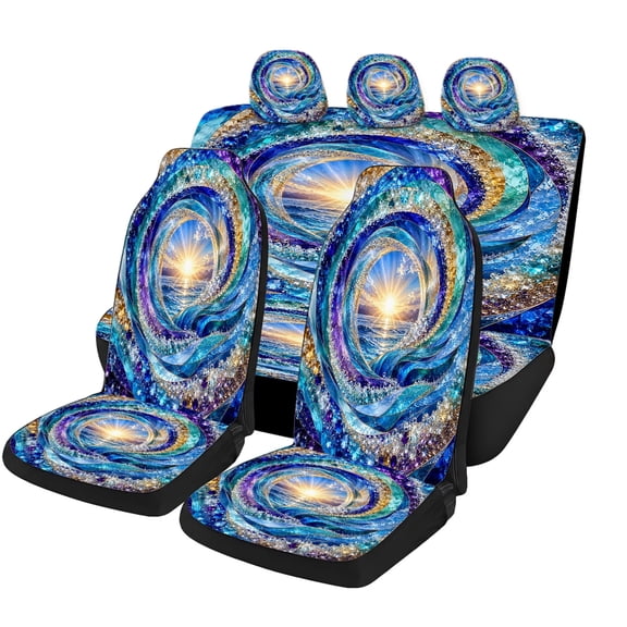 Verolix Blue Ocean Spiral Car Seat Covers Full Set, Mesh Fabric Universal Fit Auto Seat Protectors, Abstract Wave Sunrise Design for Front Rear Seats, Cars SUVs Trucks Vans