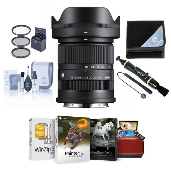 Sigma 18-50mm f/2.8 DC DN Contemporary Lens for Sony E, Bundle with 55mm Filter Kit, Lens Cleaner, Lens Wrap, Lens Cap Tether, Cleaning Kit, Mac Software Kit