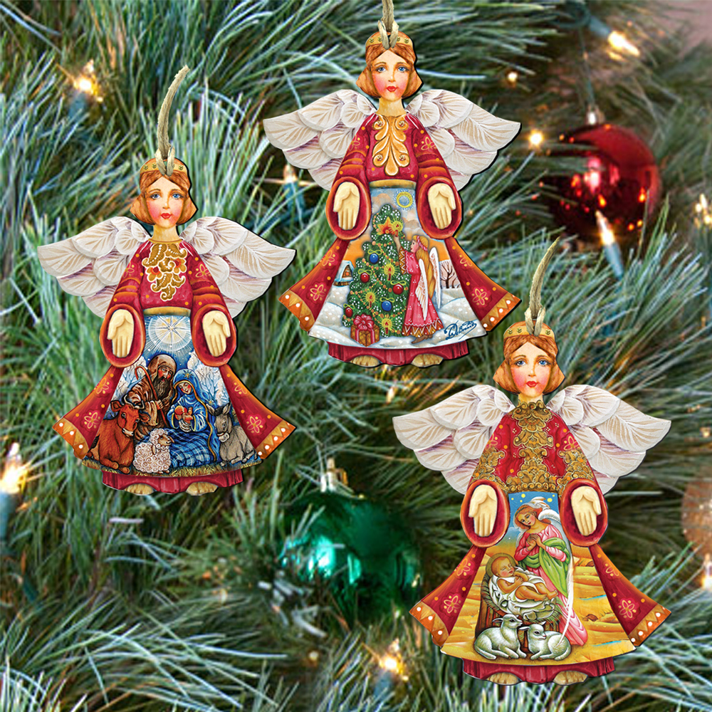 Designocracy Set of 3 Guardian Angels Nativity Scenes Wooden Christmas Ornament 5.5" - image 2 of 2