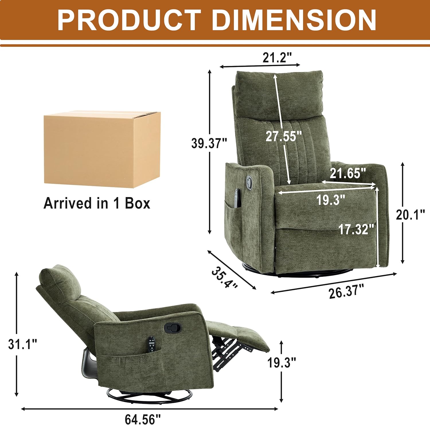AENKYO Swivel Recliner Chair, Manual Rocking Massage Chair, Heated for Adults, for Living Room,Green Chenille