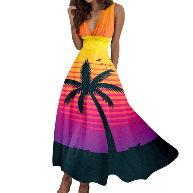 TJAZFJPA Robes Boho Femmes Été Aguichant Col en V Profond Formel Sans Manches Longue Robe Dégradé Fermeture Éclair Robes Évasées Robe Aguichant Robes de Printemps pour Femmes