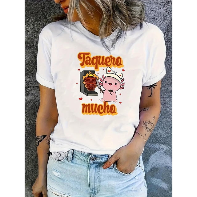 Chic Doll Fish Print Tee for Women - Casual Crew Neck Short Sleeve, Stretchy Polyester Blend, Machine Washable - Perfect Summer Top, English Pattern, Holiday ComfortFather's Day, Mother's Day, New Y