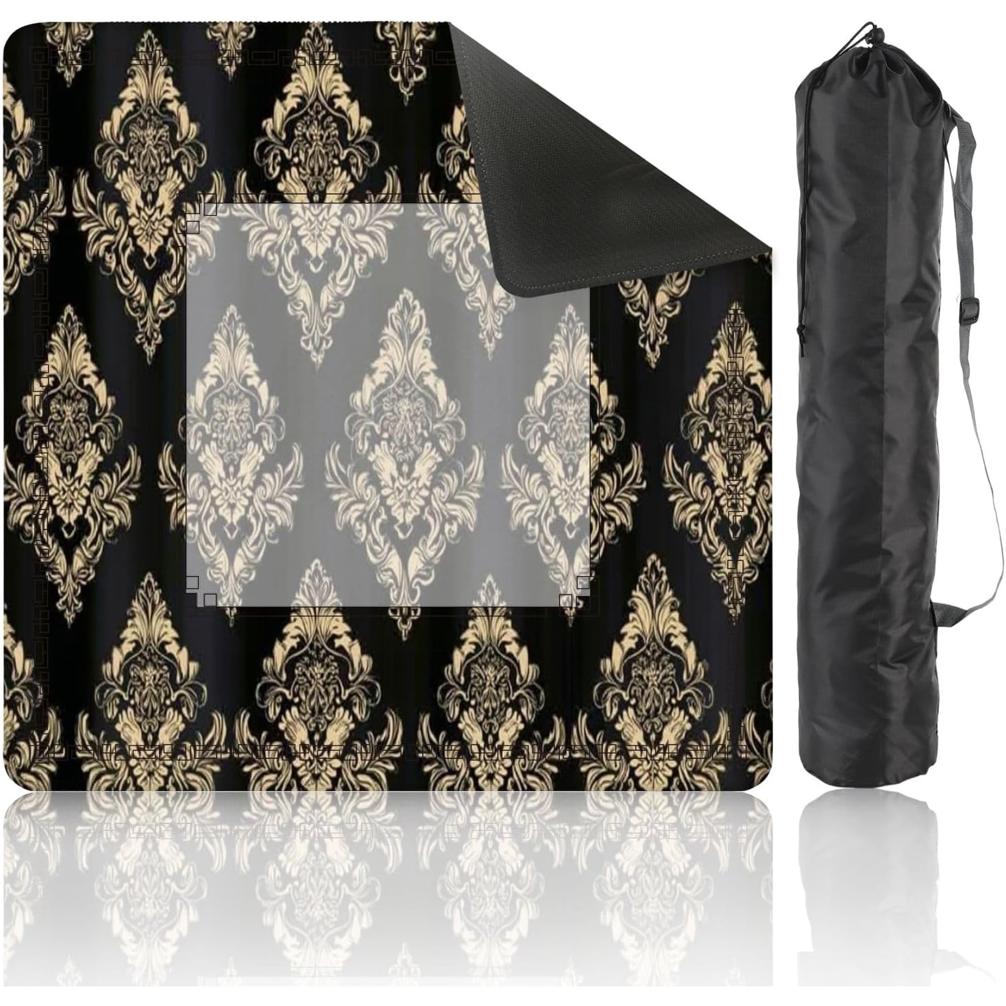 Mahjong Mat 31.5" x 31.5" Floral Vintage Baroque Style Seamless Gold Black Non-Slip Noise Reduction Mahjong Tiles Table Cover for Dominoes Poker Card Board and Tile Games