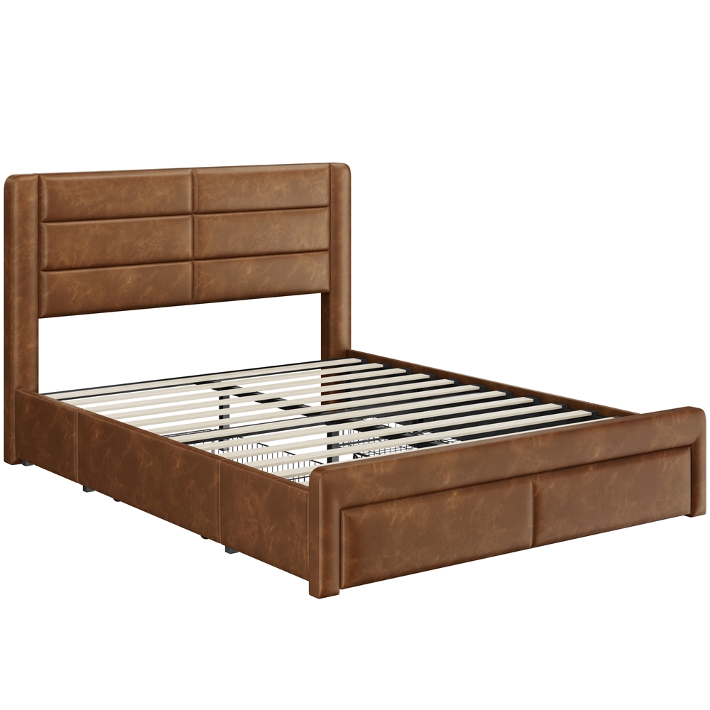 Yaheetech Upholstered Platform Bed Frame with Three Storage Drawers, Queen, Amber Brown