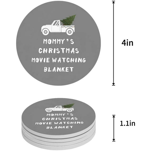 FMSHPON Mommy's Christmas Movie Watching Blanket Set of 4 Round Coaster for Drinks, Absorbent Ceramic Stone Coasters Cup Mat with Cork Base for Home Kitchen Room Coffee Table Bar Decor