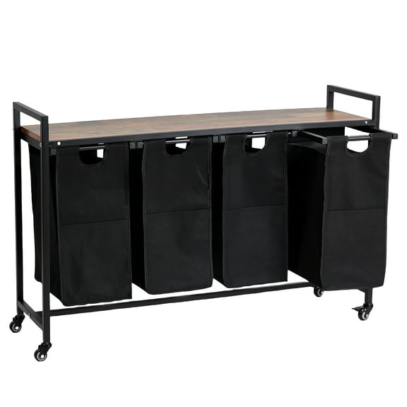 4-Section Laundry Hamper with Shelf, 144L Laundry Sorter Organizer with Removable Bags & Wood Tabletop, for Bathroom, Bedroom, Closet - Black