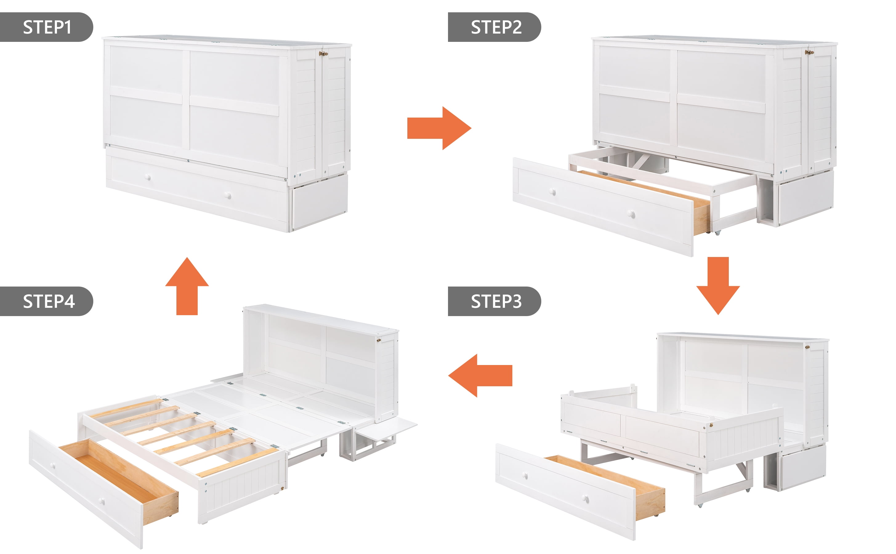 Euroco Queen Size Murphy Bed with Shelf and Drawers, Convertible into a Cabinet with USB Charging Station for Adult Living Room, Easy Open and Close