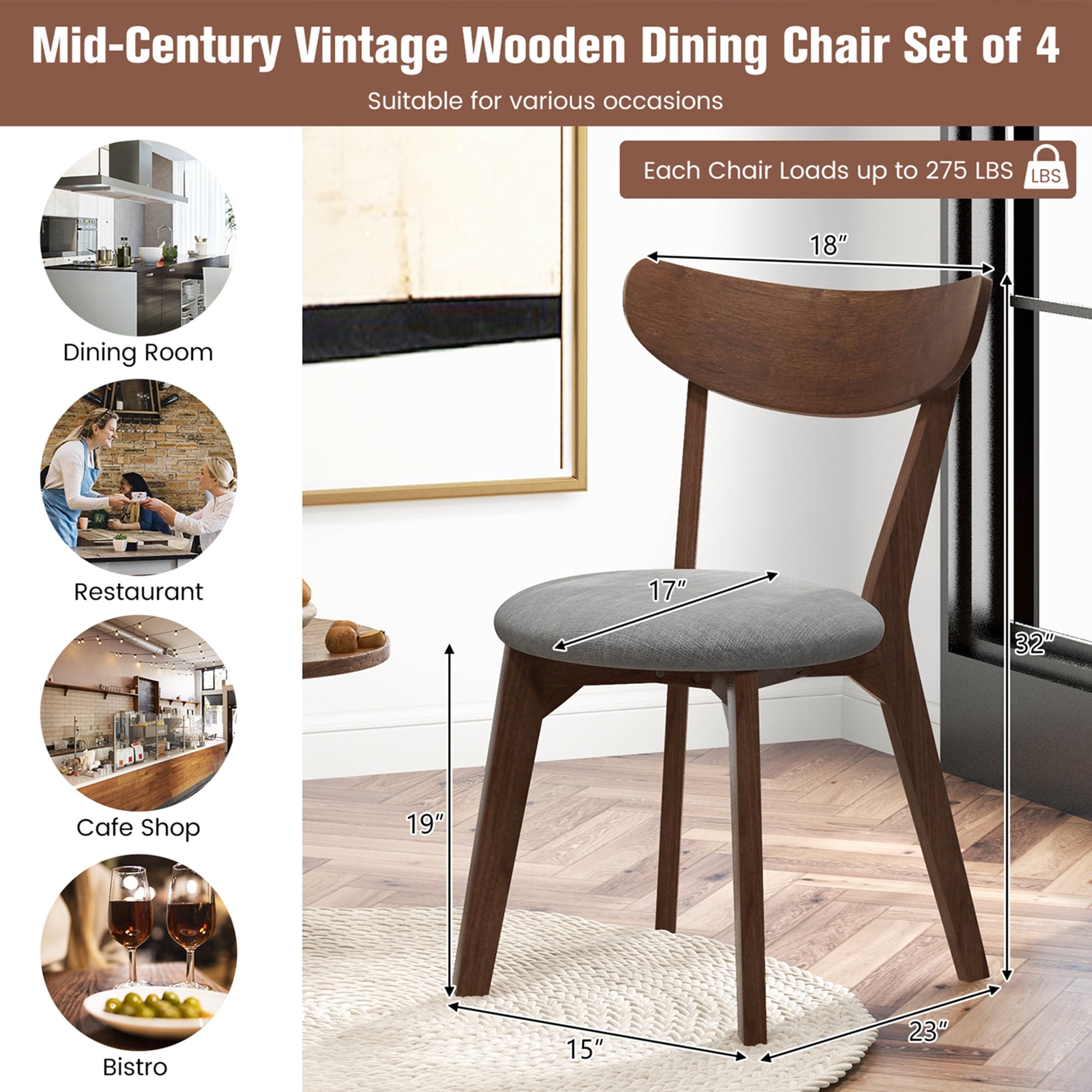 Costway Set of 2 Dining Chair Upholstered Curved Back Side Chair with Solid Wooden Legs