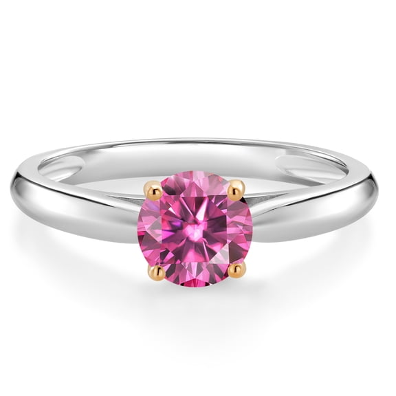Gem Stone King 10K White and Yellow Gold Solitaire Engagement Ring Pink Round Moissanite (0.80 Cttw) (Size 7)