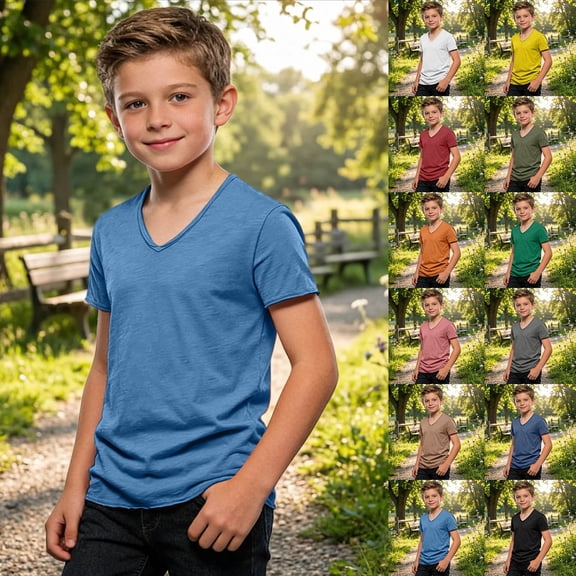CAIXIA Boys Short Sleeve Shirts Kids Summer V Neck T-Shirt Loose Fit Solid Tops Casual Basic Tee